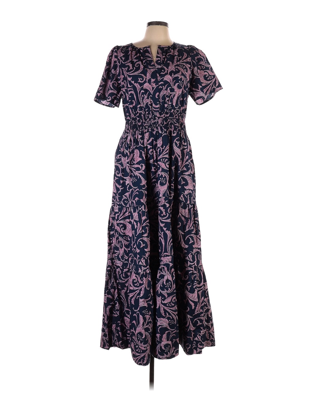 Anthropologie Navy & Pink Floral Scroll Maxi Dress